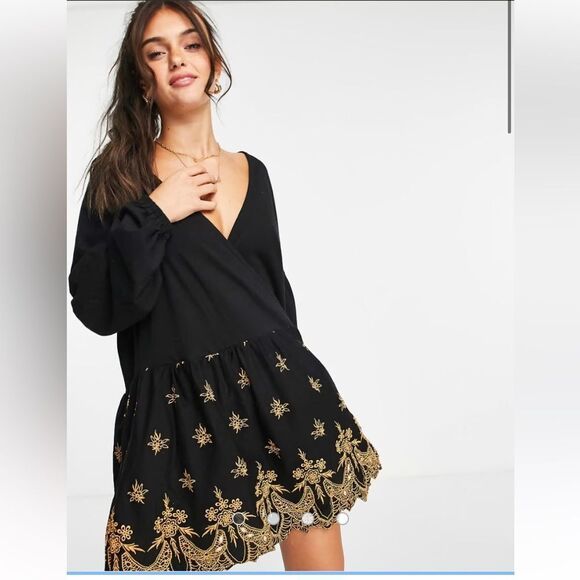ASOS DESIGN wrap dress with gold cutwork embroidery detail in black Size 14 - Picture 3 of 12